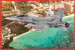 A 3 Squadron F/A-18HUG flies over Guam during Ex Cope North 2013.