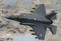 An F-35A Lightning II Joint Strike Fighter armed with AIM-9X WVRAAMs and GBU-31 JDAMs.