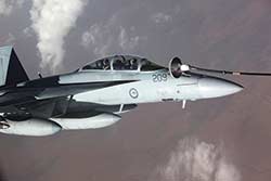 An RAAF F/A-18F Rhino refuels from an RAAF KC-30 MRTT during the air interdiction of ISIS forces in western Iraq.